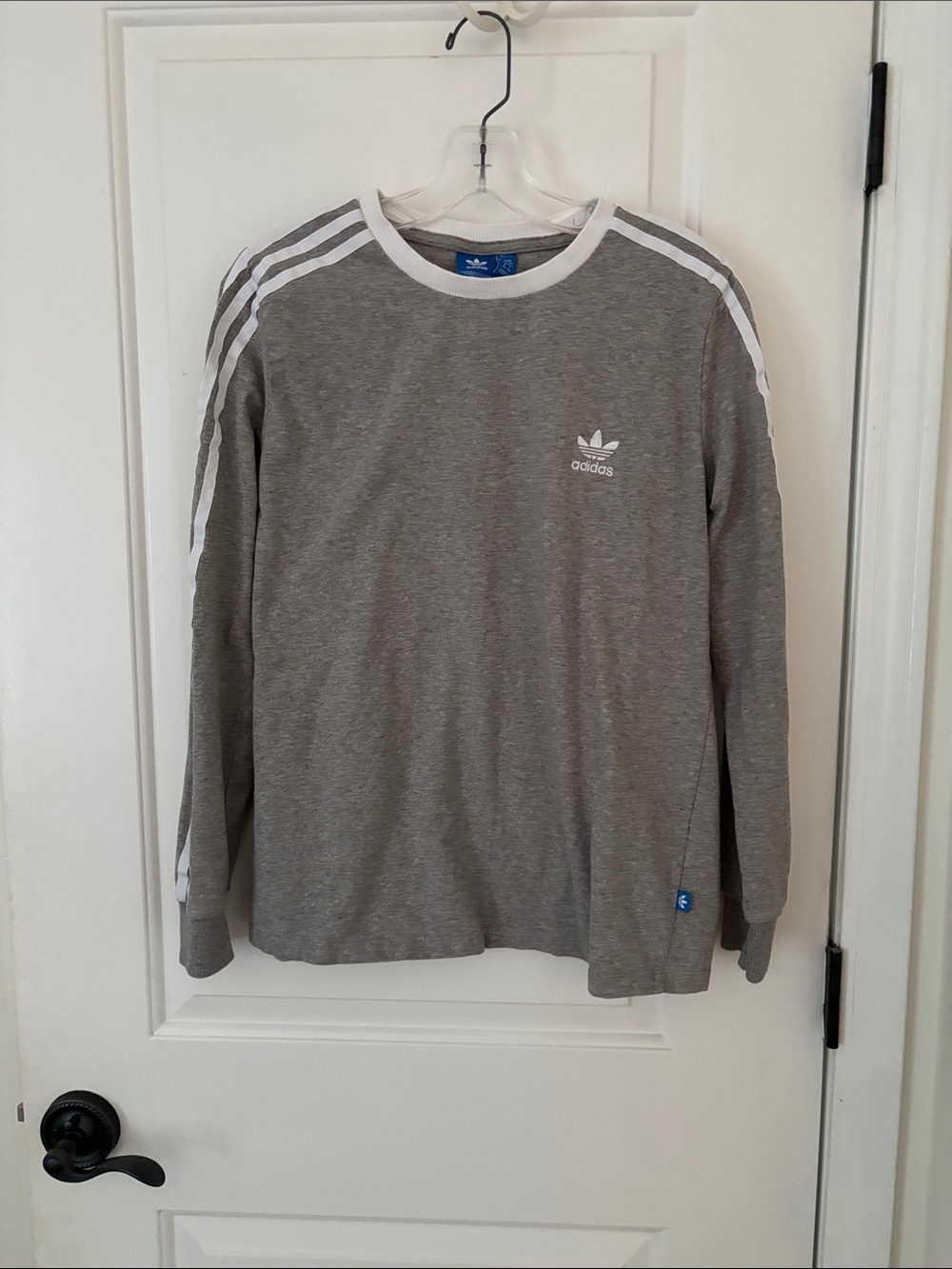 adidas Gray Long-Sleeve Crew with White Shoulder Stripes and Trefoil